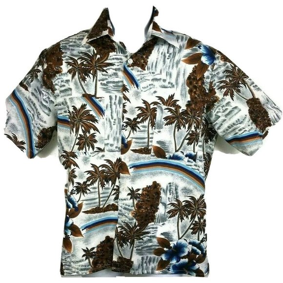 Vtg 80's? Men's Van Cort Gray Blue Brown Palms Hawaiian Short Slv Shirt Medium M - Picture 2 of 6